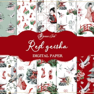 Red Geisha digital paper, seamless pattern, chinoiserie wallpaper, asian wallpaper, crane fabric repeat design, bamboo background