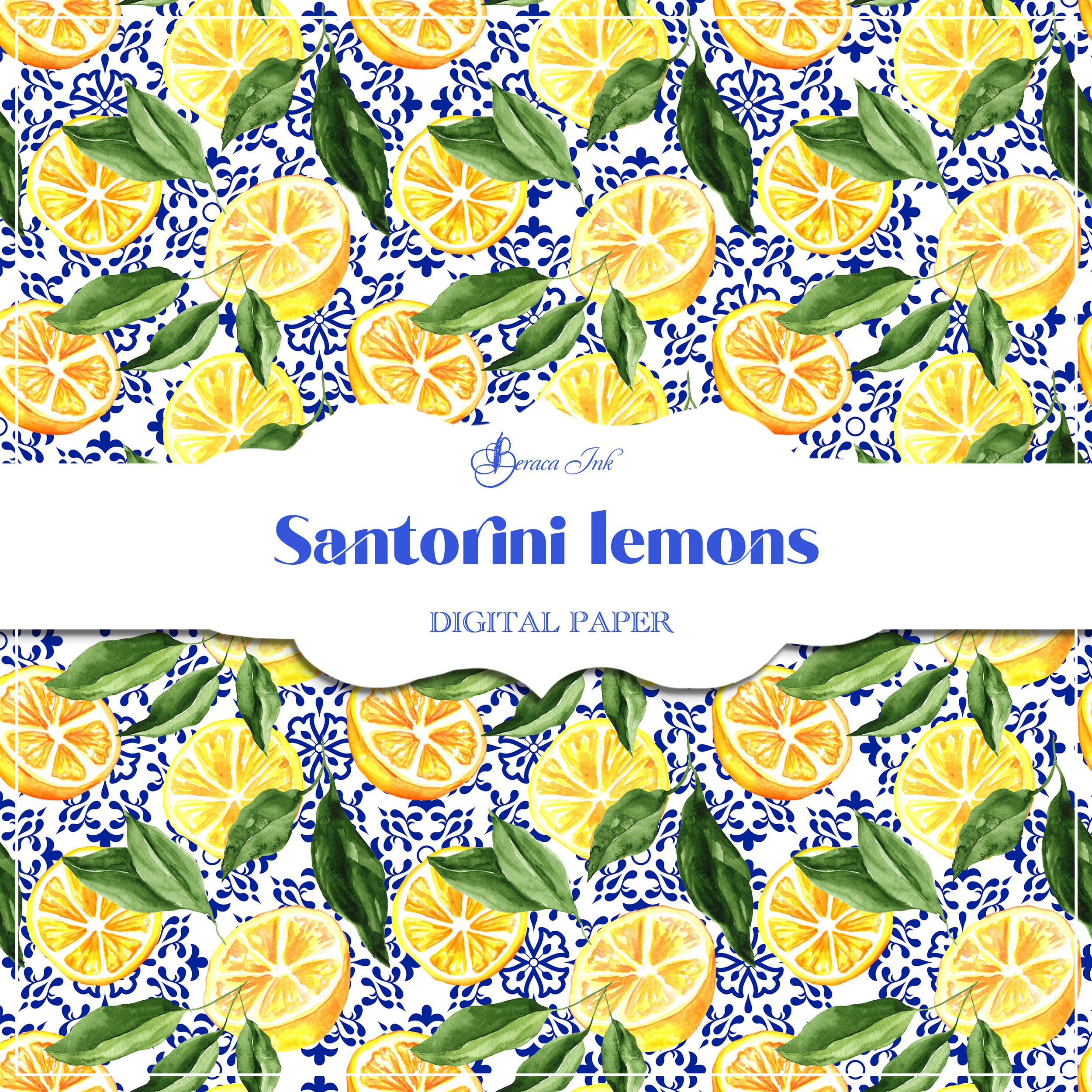 Santorini Lemon Digital Paper, Seamless Pattern, Citrus Paper ...