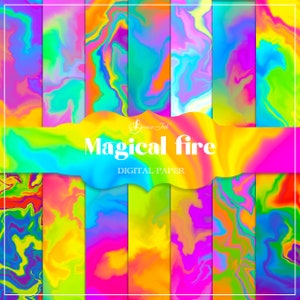 May include: A set of 10 digital papers featuring a vibrant, psychedelic, liquid-like pattern in shades of blue, green, yellow, orange, pink, and purple. The papers are labeled "Magical Fire Digital Paper".