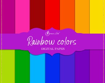 Könnte beinhalten: Ein digitales Papierpaket mit 12 verschiedenen Farben des Regenbogens. Die Farben sind in einem vertikalen Streifen angeordnet, wobei jede Farbe einen Streifen einnimmt. Die Farben sind: Lila, Rosa, Rot, Orange, Gelb, Grün, Blau, Hellblau, Dunkelblau, Indigo, Violett und Magenta. Der Text "Rainbow colors" und "Digital Paper" ist in Weiß auf einem lila Banner geschrieben.