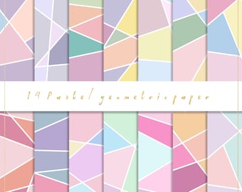 Op de afbeelding: Een set van 14 digitale papieren met geometrische patronen in pastelkleuren. De papieren zijn perfect voor scrapbooking, kaart maken en andere knutselprojecten.