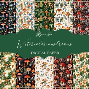 Papel digital de cogumelos aquarela, padrão de cogumelos sem costura, fundo de cogumelo vintage, papel de parede botânico, papel de repetição de tecido de samambaia
