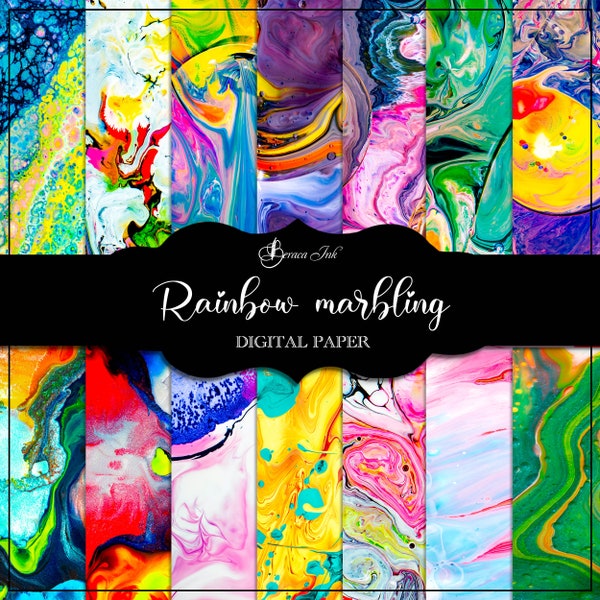 Rainbow marbling digital paper, liquid marble, rainbow swirls pattern, marble swirls paper, abstract texture, acrylic paint, feminine paper