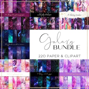 K&ouml;nnte beinhalten: Eine digitale Collage aus 220 digitalen Papieren und Pinseln zum Thema Galaxie. Die Papiere zeigen Aquarell-Galaxie-Designs in den Farben Lila, Rosa, Blau und Schwarz. Die Pinsel sind ebenfalls galaxie-themed und in verschiedenen Formen und Gr&ouml;&szlig;en erh&auml;ltlich.