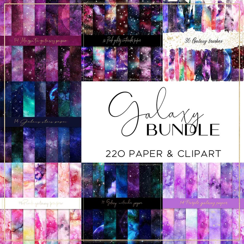 K&ouml;nnte beinhalten: Eine digitale Collage aus 220 digitalen Papieren und Pinseln zum Thema Galaxie. Die Papiere zeigen Aquarell-Galaxie-Designs in den Farben Lila, Rosa, Blau und Schwarz. Die Pinsel sind ebenfalls galaxie-themed und in verschiedenen Formen und Gr&ouml;&szlig;en erh&auml;ltlich.