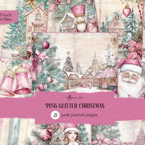 Pink glitter Weihnachten Journal Seiten, pinkes Weihnachten Junk Journal, Pastell Winter digitales Papier, Vintage Weihnachten Scrapbook, pinkes Weihnachtspapier