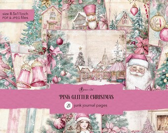 Roze glitter kerstdagboekpagina's, roze kerstrommeldagboek, pastel winter digitaal papier, vintage kerstplakboek, roze kerstpapier