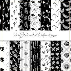Papier numérique botanique noir et blanc, motif floral sans couture, fond de fleurs, papier peint feuilles, feuille de monstera BW, papier de scrapbooking