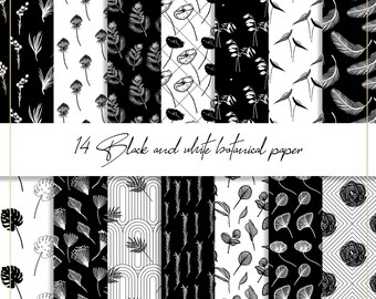 Black and white botanical digital paper, floral seamless pattern, flower background, leaves wallpaper, BW monstera leaf, scrapbooking paper