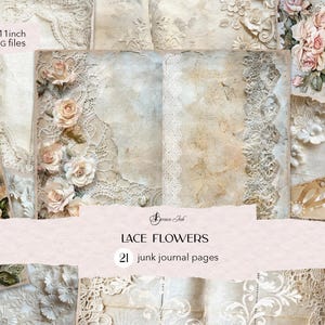 Cover Spitze Blumen Journal Seiten, Vintage Spitze Junk Journal, Rosen digitales Journal, shabby chic Spitze, Vintage Perlen, viktorianische Spitze Journal