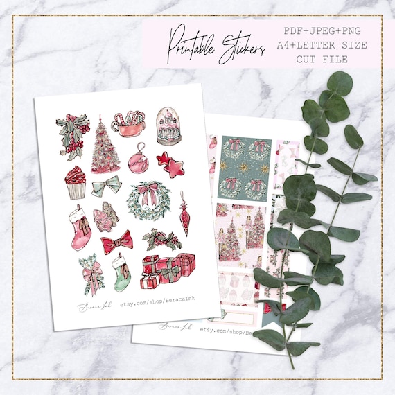 Printable Pink Christmas planner stickers, xmas stickers, journaling winter stickers, decorative, watercolor Christmas, Erin Condren sticker