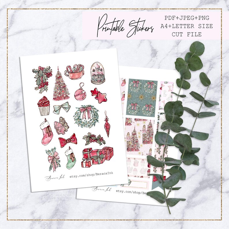 May include: Printable Christmas stickers featuring a variety of festive designs, including a Christmas tree, ornaments, presents, and a snow globe. The stickers are in a pink and green color scheme and are perfect for adding a touch of holiday cheer to your planner, journal, or other projects.