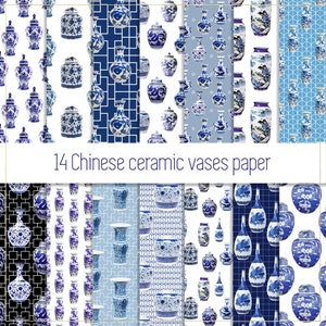 Chinese ceramic vases digital paper, seamless paper, chinoiserie paper, blue ceramic, asian background, oriental pattern, Japanese paper