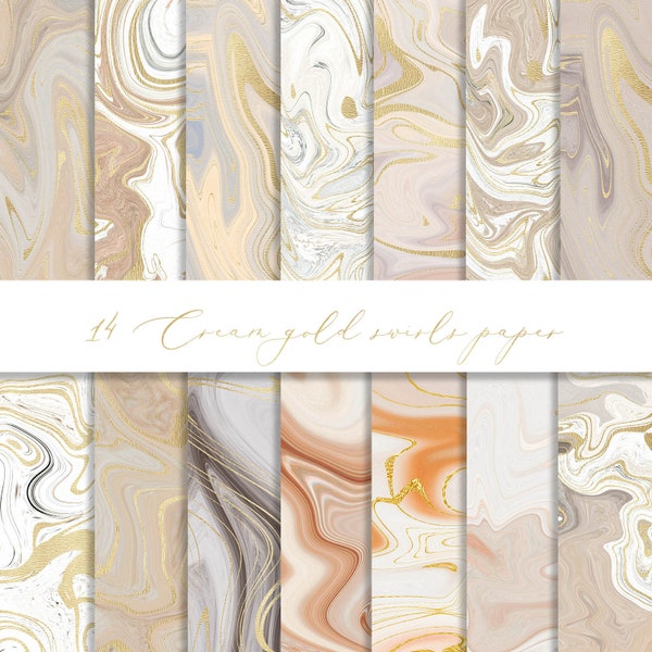 Cream gold swirls digital paper, neutral marble paper, gold veins swirls, scrapbooking, abstract background, elegant pastel texture, planner