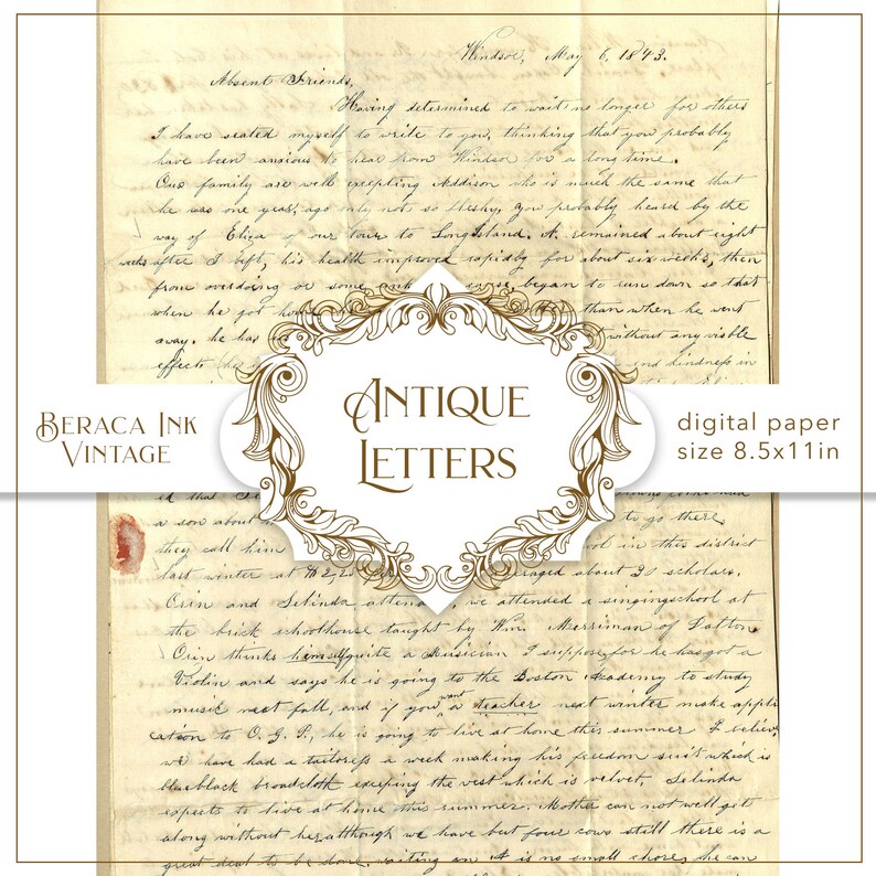 May include: Antique letter paper with a vintage aesthetic. The paper features a faded brown color and a distressed texture. The paper is decorated with a decorative border and the text "Antique Letters" in a gold font. The paper is 8.5 inches by 11 inches.