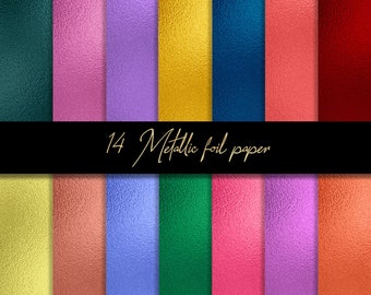 May include: A set of 14 metallic foil papers in various colors, including gold, green, blue, pink, and red. The papers have a textured, metallic finish.