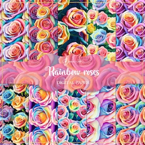 Rainbow roses digital paper, seamless patter, watercolour rainbow, floral scrapbooking, pink roses background, vintage rose paper