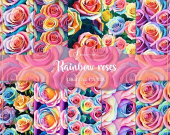 Rainbow roses digital paper, seamless patter, watercolour rainbow, floral scrapbooking, pink roses background, vintage rose paper