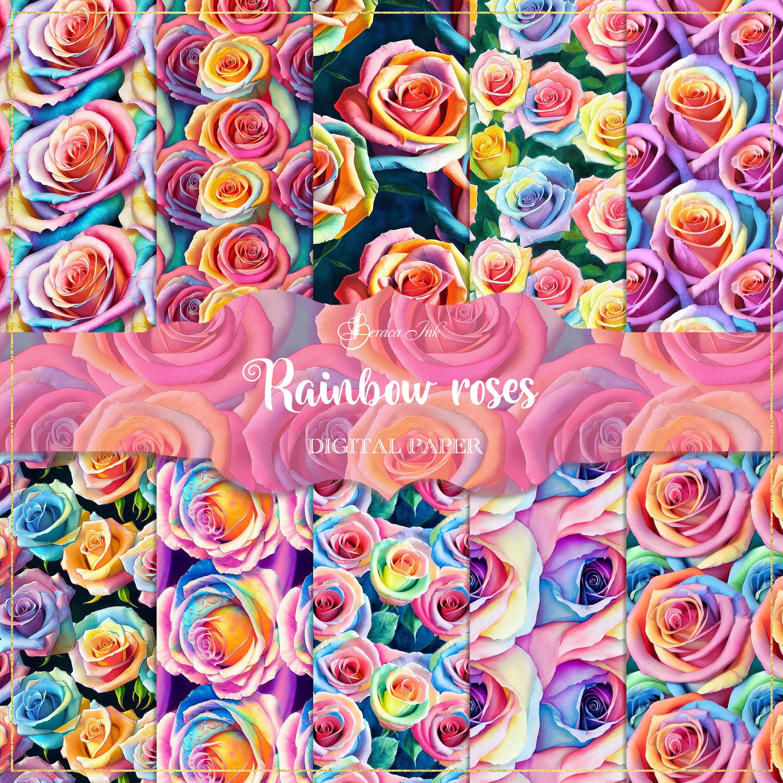 Rainbow roses digital paper, seamless patter, watercolour rainbow, floral scrapbooking, pink roses background, vintage rose paper