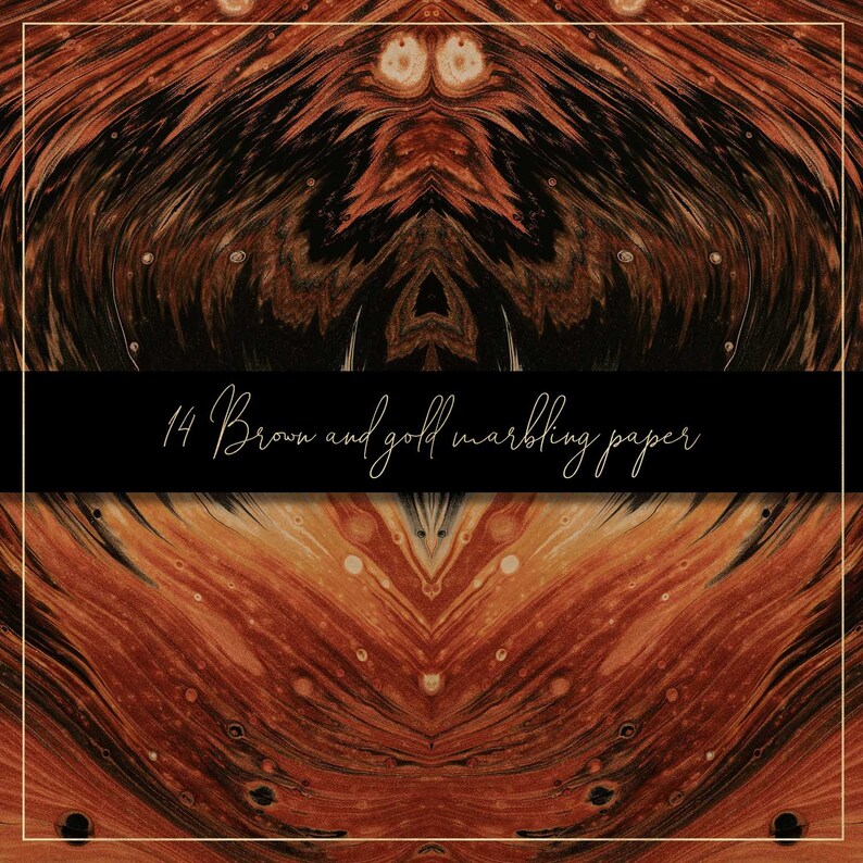 Pode incluir: Design de papel marmorizado abstrato em tons de marrom e dourado. O design &eacute; sim&eacute;trico e tem um padr&atilde;o de redemoinho fluido. O texto "14 Brown and gold marbling paper" &eacute; exibido no centro da imagem.