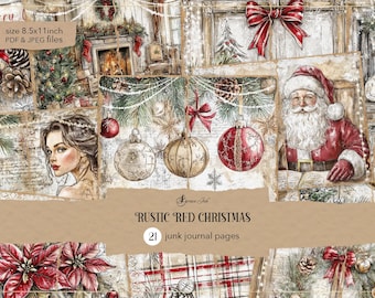 Rustieke rode kerstdagboekpagina's, vintage geruite kerstrommeldagboek, traditioneel digitaal winterpapier, shabby chic kerstplakboek