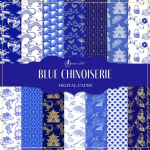 Può includere: Un set di 12 carte digitali con motivi di chinoiserie blu e oro. I motivi includono draghi, pagode, gru, ventagli e altri motivi tradizionali cinesi.