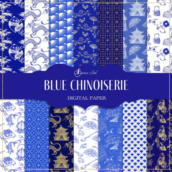 Blaue Chinoiserien digitales Papier, nahtloses Muster, Geisha-Tapete, japanisches Papier, asiatischer Hintergrund, chinesischer Hintergrund, Stoffpapier mit Rapport