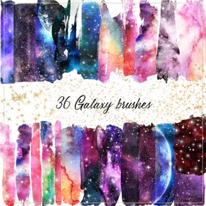 May include: 36 watercolour galaxy brushes with a white background and gold glitter. The brushes are in various shades of pink, purple, blue, and green.