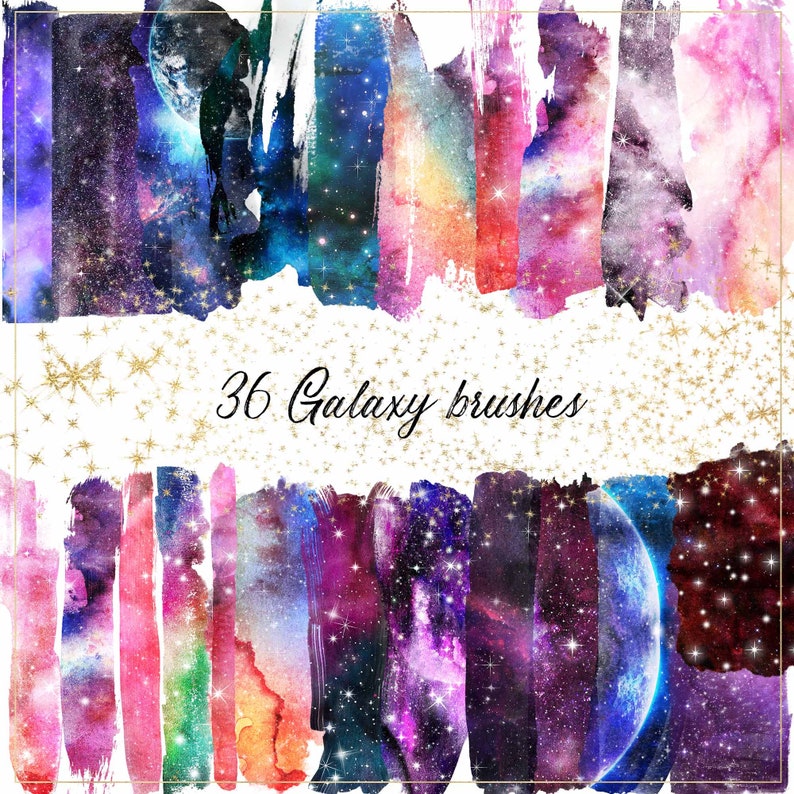 May include: 36 watercolour galaxy brushes with a white background and gold glitter. The brushes are in various shades of pink, purple, blue, and green.