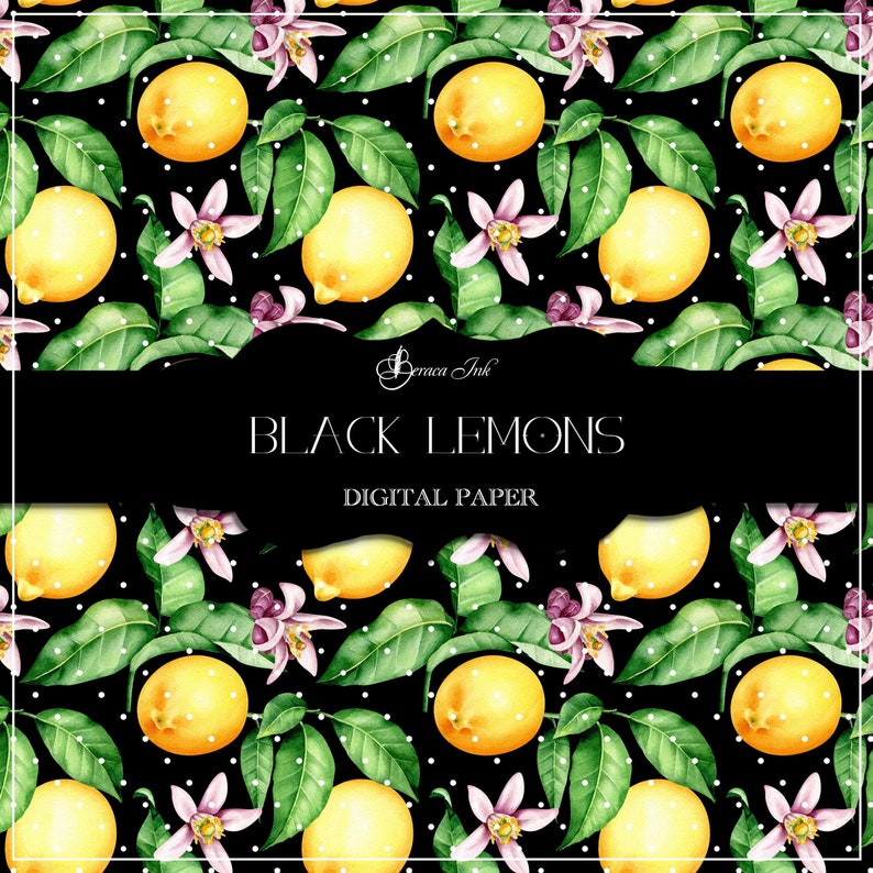 Black Lemons Digital Paper, Seamless Pattern, Black Watercolor Lemons ...