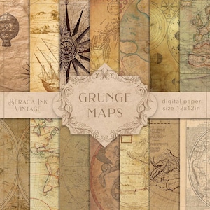 Grunge-kaarten digitaal papier, oud kaartpapier, rommeldagboek, kortstondig papier, vintage kaarten, antieke reiskaarten, plakboekpapier, knutselpapier