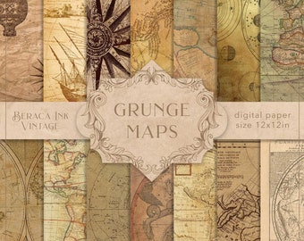 Grunge maps digital paper, old maps paper, junk journal, ephemera paper, vintage maps, antique travel maps, scrapbook paper, crafting paper