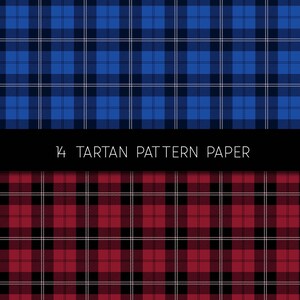 May include: Two seamless plaid patterns, one blue and white, the other red, black, and white. The text "14 Tartan Pattern Paper" is displayed in the center of the image.