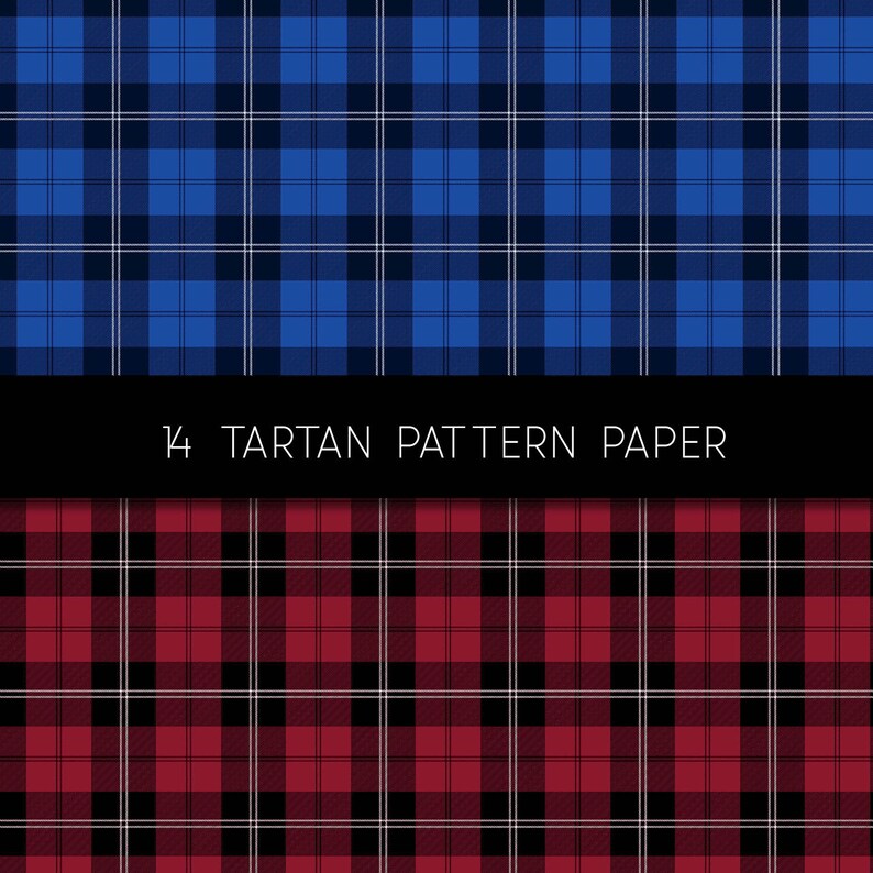 May include: Two seamless plaid patterns, one blue and white, the other red, black, and white. The text "14 Tartan Pattern Paper" is displayed in the center of the image.