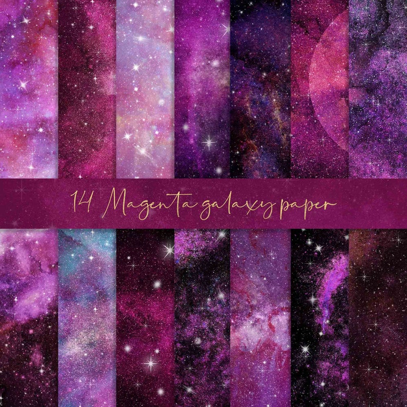 May include: A set of 14 digital papers featuring a magenta galaxy design with stars and nebulae. The papers are ideal for scrapbooking, card making, and other craft projects.