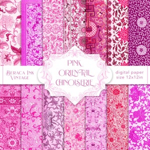 Papel digital oriental rosa, papel de parede botânico, padrão William Morris, chinoiserie floral, papel rosa vintage, tamanho carta, art nouveau