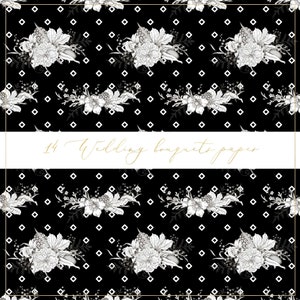 May include: Black and white seamless pattern featuring 14 wedding bouquets with a white diamond pattern background. The text "14 Wedding bouquets paper" is written in gold on a white banner.
