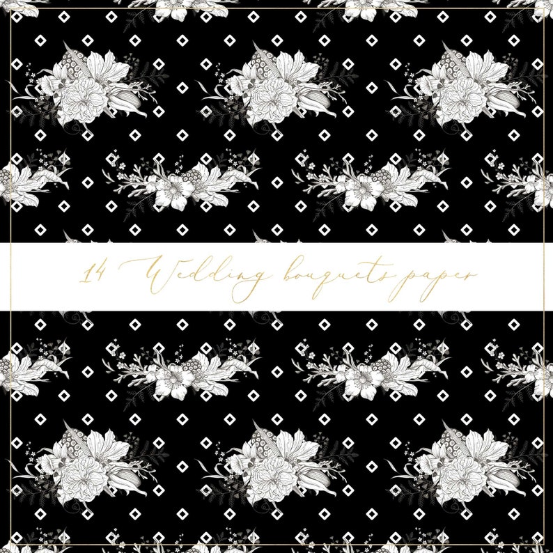 May include: Black and white seamless pattern featuring 14 wedding bouquets with a white diamond pattern background. The text "14 Wedding bouquets paper" is written in gold on a white banner.