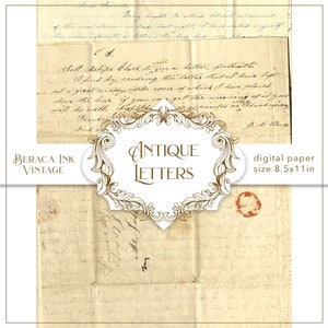 May include: Antique letter paper with a brown ornate frame and the text "Antique Letters" in the center. The paper is a cream color with a red wax seal in the bottom right corner. The paper is 8.5 inches by 11 inches.