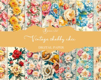 Vintage shabby chic digitaal papier, naadloos patroon pioenrozen, bloemenbehang, rustieke achtergrond, vintage bloemen plakboekpapier