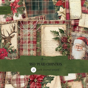 Páginas de diario navideñas a cuadros rojos, diario basura navideño a cuadros, cartas de Papá Noel, álbum de recortes navideño vintage, papel a cuadros rojo y verde