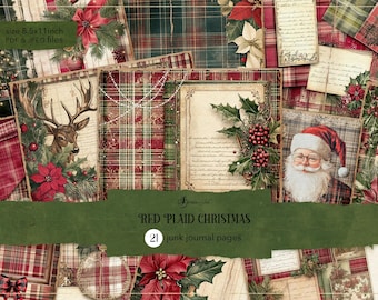 Rode geruite kerstdagboekpagina's, pastel kerstrommeldagboek, brieven van de kerstman, vintage kerstplakboek, roodgroen schotse ruitpapier