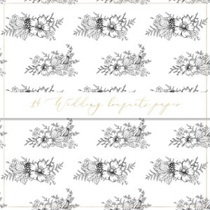 May include: A seamless pattern featuring 14 black and white wedding bouquets with floral designs. The text "14 Wedding bouquets paper" is displayed in gold lettering.