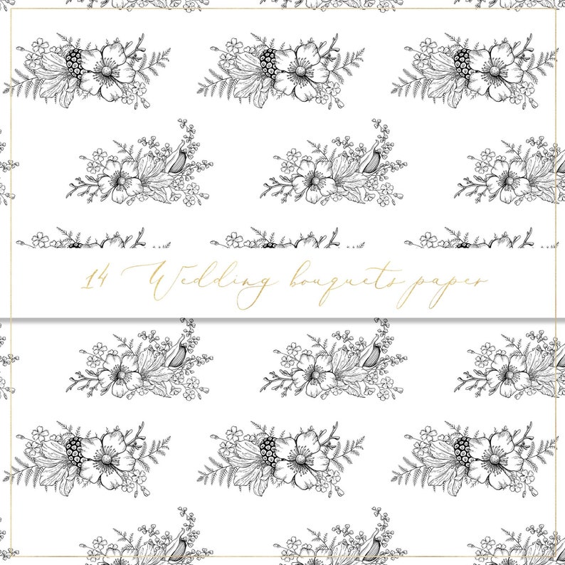 May include: A seamless pattern featuring 14 black and white wedding bouquets with floral designs. The text "14 Wedding bouquets paper" is displayed in gold lettering.