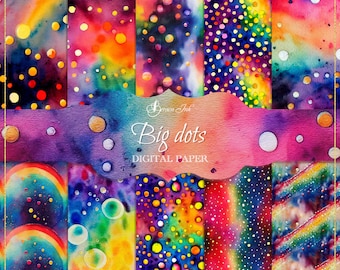 Big dots digital paper, seamless pattern, watercolour rainbow polka dots scrapbooking, rainbow background, colorful backdrop