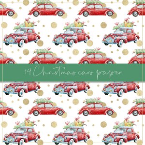 Pu&ograve; includere: Motivo ripetuto di auto d'epoca rosse, ognuna con un albero di Natale e regali sul tetto. Le auto sono ambientate su uno sfondo bianco con pois dorati. Il testo "14 Christmas cars paper" &egrave; visualizzato.