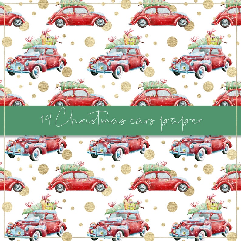Pu&ograve; includere: Motivo ripetuto di auto d'epoca rosse, ognuna con un albero di Natale e regali sul tetto. Le auto sono ambientate su uno sfondo bianco con pois dorati. Il testo "14 Christmas cars paper" &egrave; visualizzato.