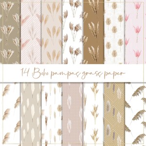 Papier numérique d'herbe de pampa, papier sans couture, fleurs séchées, herbe de pampa aquarelle, faire-part de mariage bohème, fleurs neutres, fleurs brunes