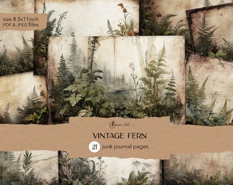 Vintage fern journal pages, printable nature journal, botanical scrapbook, antique plants paper, distressed journal inserts, grunge forest