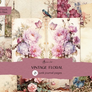 Páginas de diario con flores vintage, papel imprimible, flores botánicas vintage, álbum de recortes efímero, papel con rosas rosadas, flores de diario basura